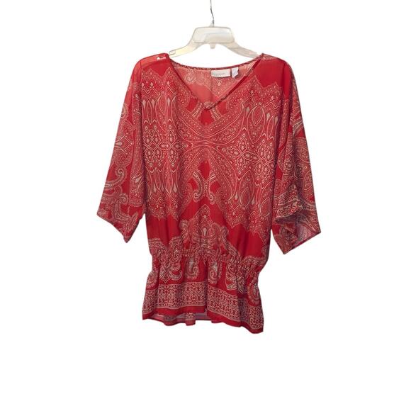 Chico’s Red Paisley Sheer Blouse Kimono Sleeve Cinched Waist size small - Picture 1 of 6